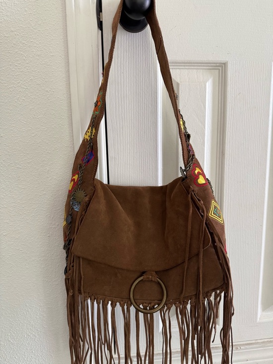 Francesco Biasia Handbags - Francesco Biasia Brown Suede Fringe Shoulder Bag with Embroidered Strap